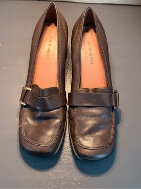 Vintage Nine West Brown Leather Slip-On Loafers with Buckle Detail